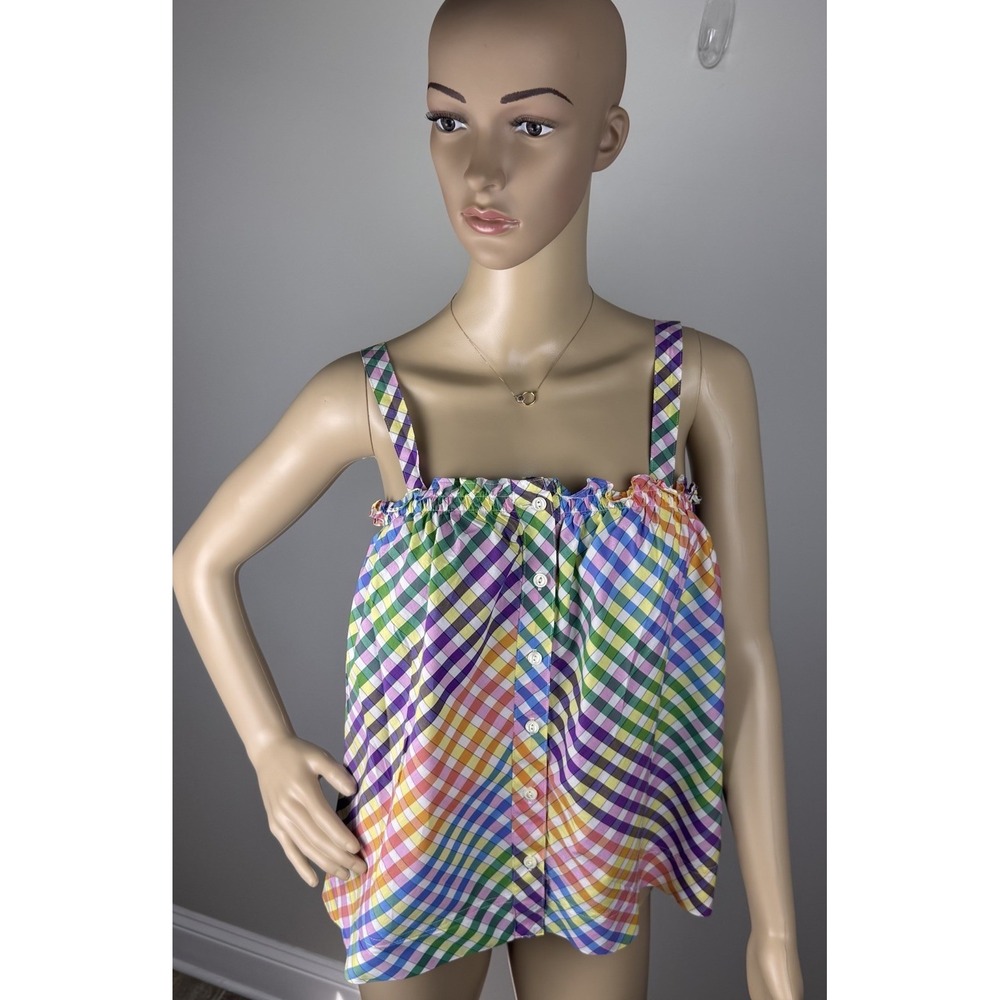 J Crew Tank Top Women's Sz 0‎ Rainbow Gingham Square Neck Button Front Cotton